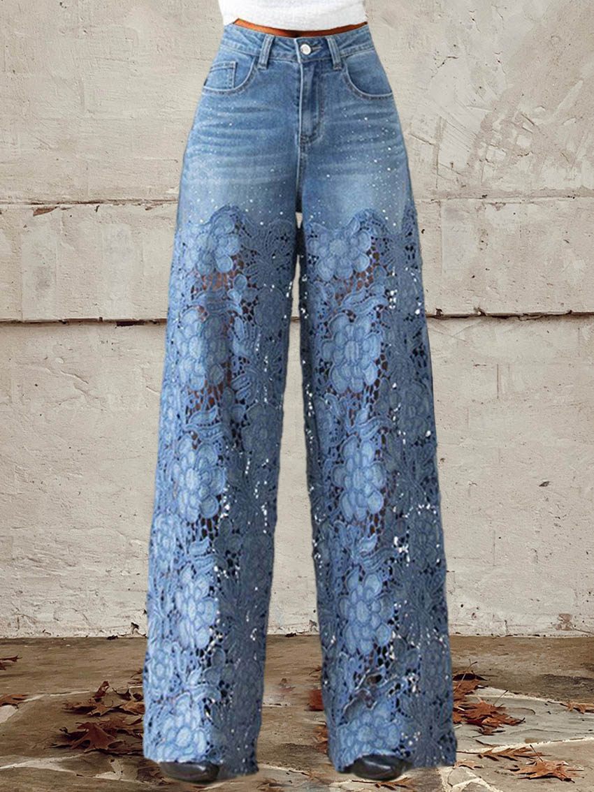 Ophilia | Jeans with lace and patchwork, mid-rise, button fastening
