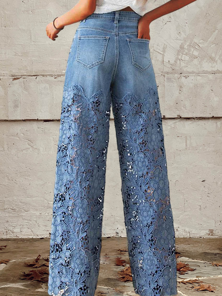 Ophilia | Jeans with lace and patchwork, mid-rise, button fastening