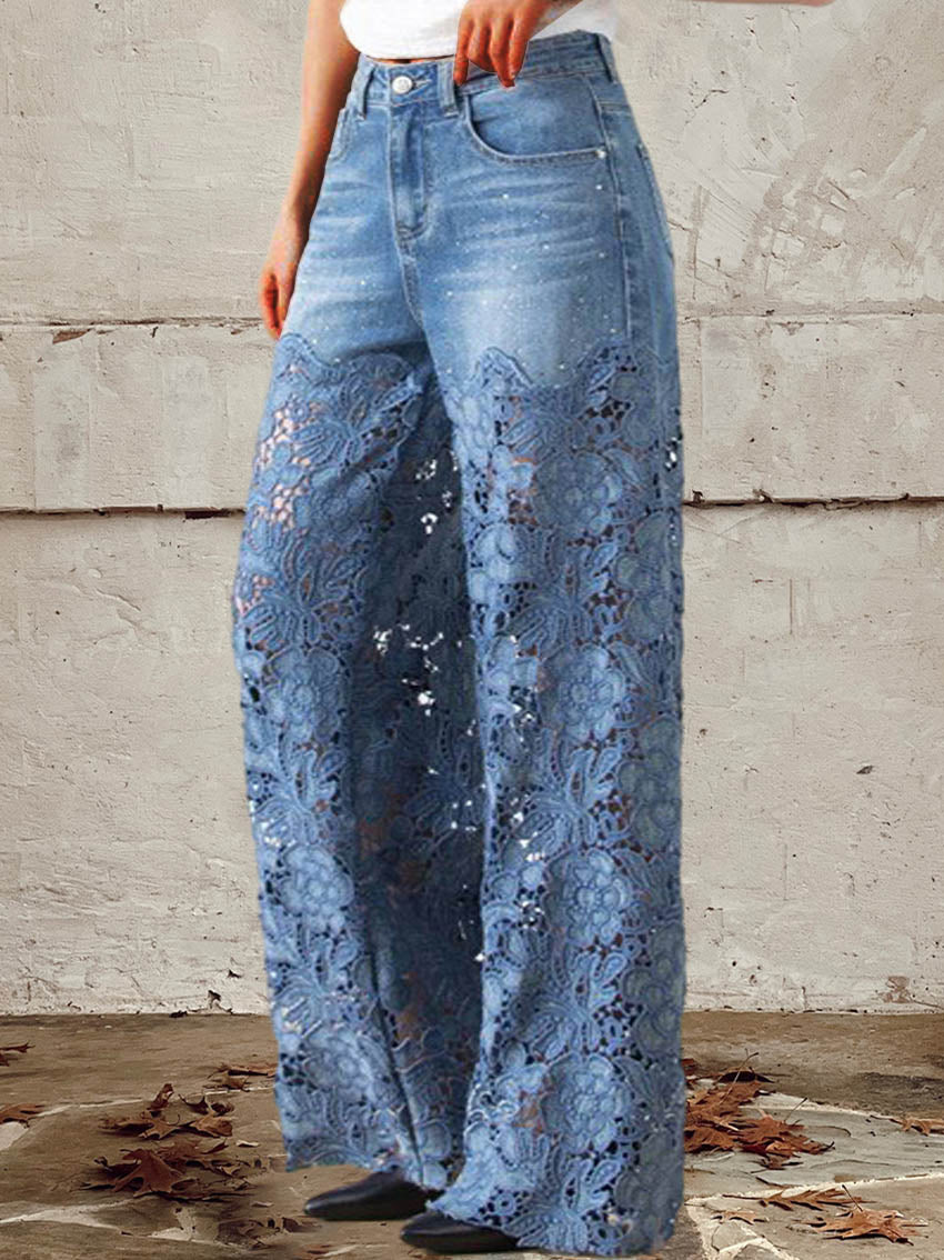 Ophilia | Jeans with lace and patchwork, mid-rise, button fastening