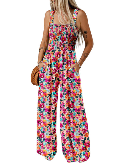 Sunset Bloom - Floral Smocked Wide-Leg Jumpsuit