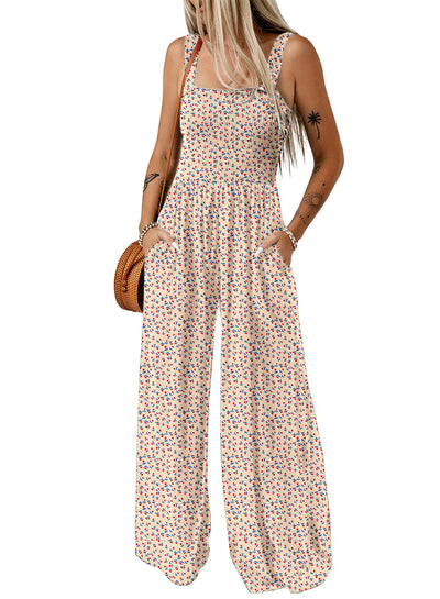 Sunset Bloom - Floral Smocked Wide-Leg Jumpsuit