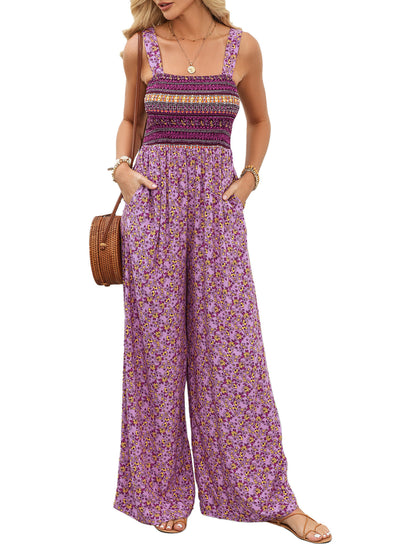 Sunset Bloom - Floral Smocked Wide-Leg Jumpsuit