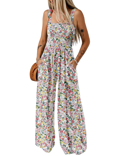 Sunset Bloom - Floral Smocked Wide-Leg Jumpsuit