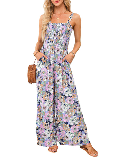 Sunset Bloom - Floral Smocked Wide-Leg Jumpsuit