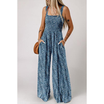 Sunset Bloom - Floral Smocked Wide-Leg Jumpsuit