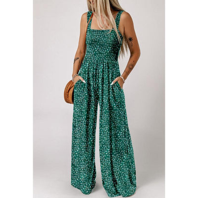 Sunset Bloom - Floral Smocked Wide-Leg Jumpsuit